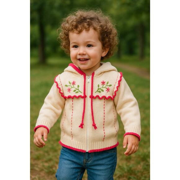 Toddler Girls Sweater Hoodie Zipper Front By Winnie The Pooh White Red Ruffles - Picture 1 of 8